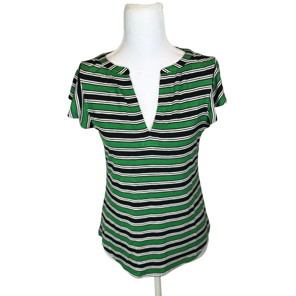 WHBM Outlet Women's Green Black Striped Notch Neck‎ Ruffle Sleeve Tee Top XS New